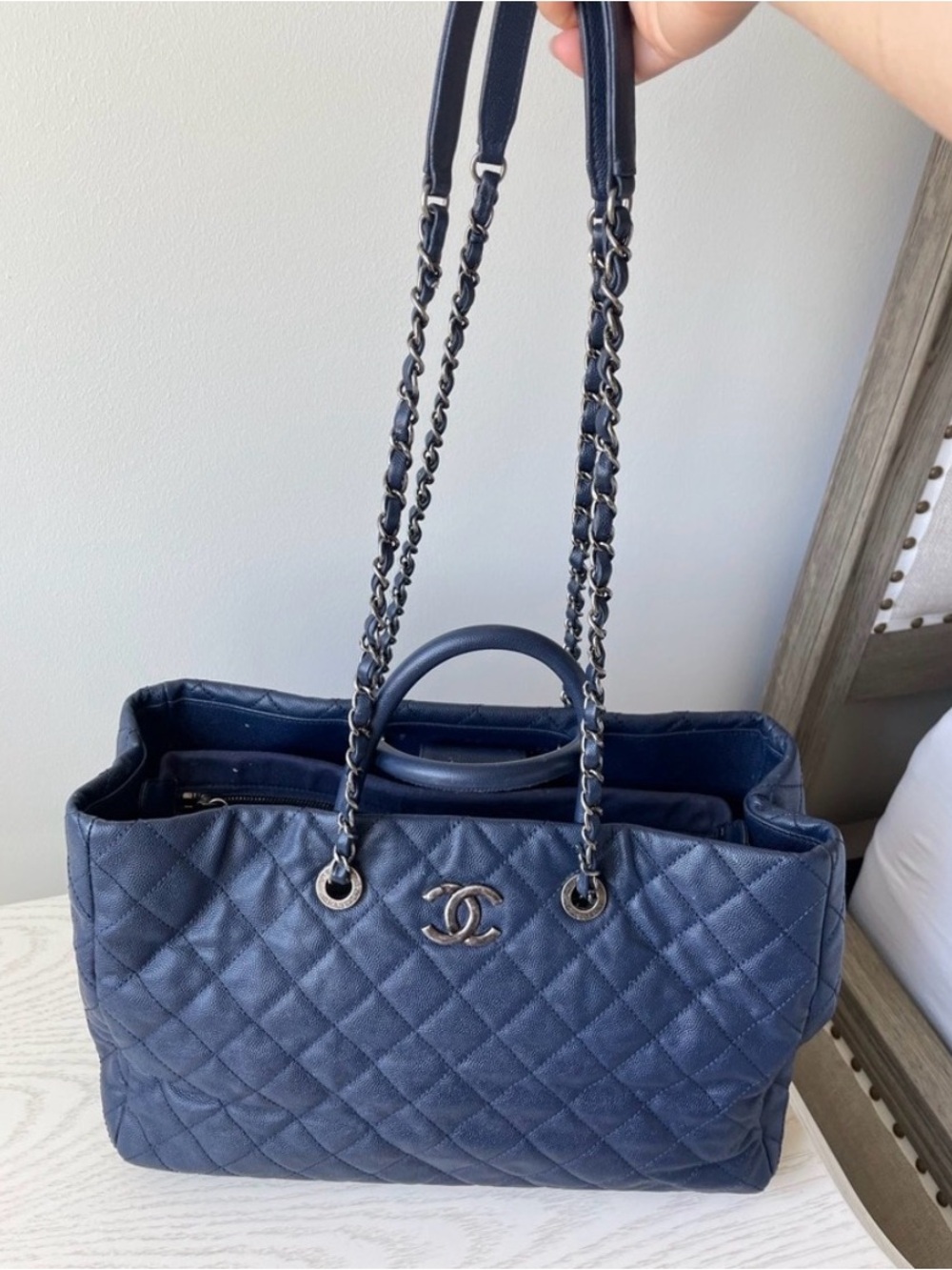 CHANEL Quilted Navy Leather Tote with Chain-Strap Handles Coco Allure